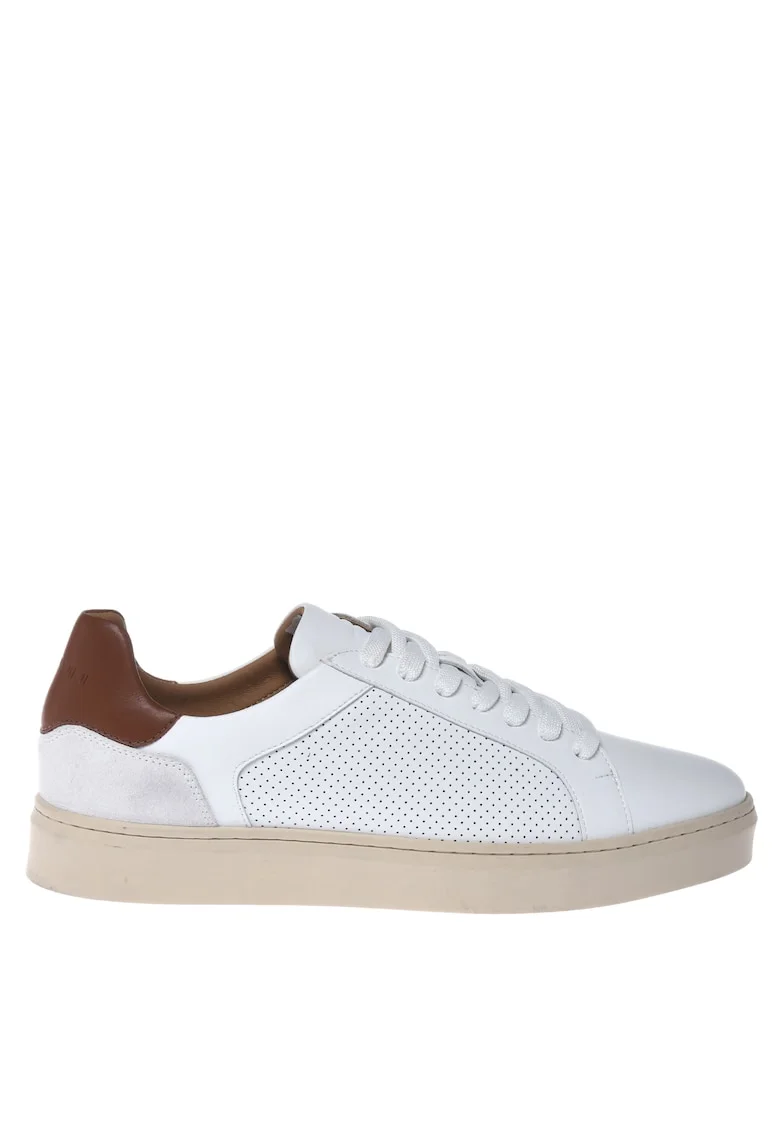Pantofi sport de piele cu garnituri de piele intoarsa si perforatii, Alb