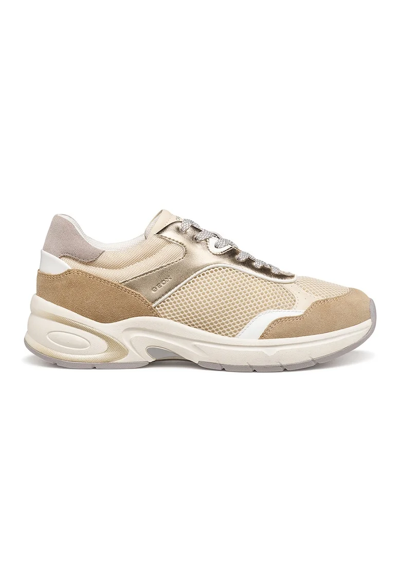 Pantofi sport de plasa cu insertii de piele intoarsa, Auriu/Bej inchis