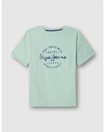 Tricou cu logo si decolteu rotund, Albastru ultramarin/Verde pal