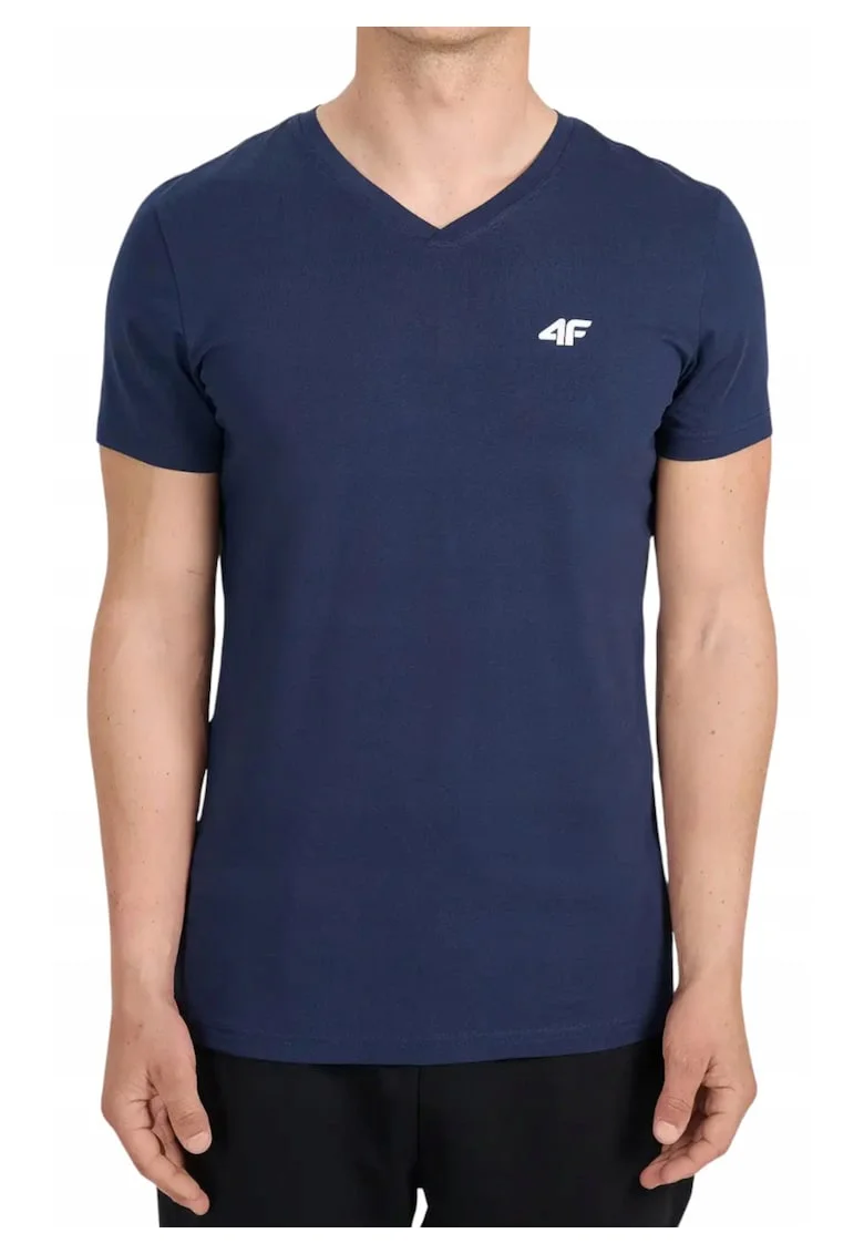 Tricou din bumbac cu decolteu in V si detaliu logo