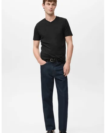 Tricou reagular-fit de bumbac cu decolteu in V, Negru
