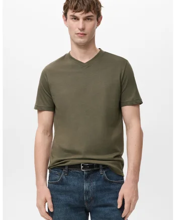 Tricou reagular-fit de bumbac cu decolteu in V, Kaki