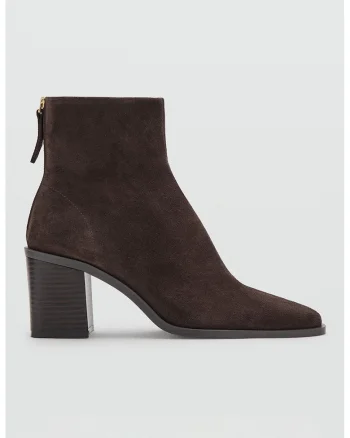 Botine din piele intoarsa cu toc masiv, Maro inchis