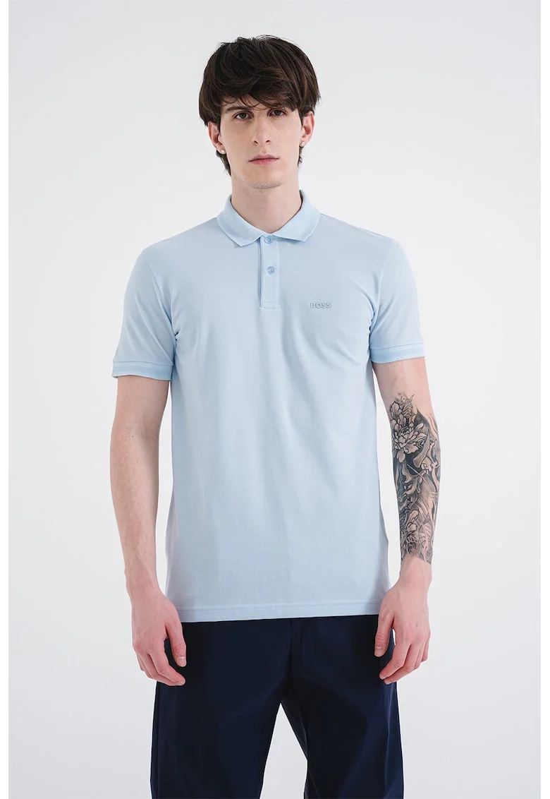 Tricou polo slim fit cu logo grafic, Albastru pastel