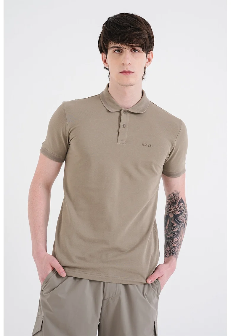 Tricou polo slim fit cu logo grafic, Maro pamantiu