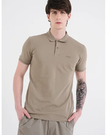 Tricou polo slim fit cu logo grafic, Maro pamantiu