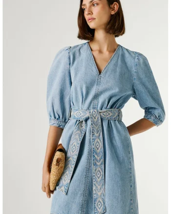 Rochie scurta din denim cu decolteu in V, Bej/Albastru deschis melange