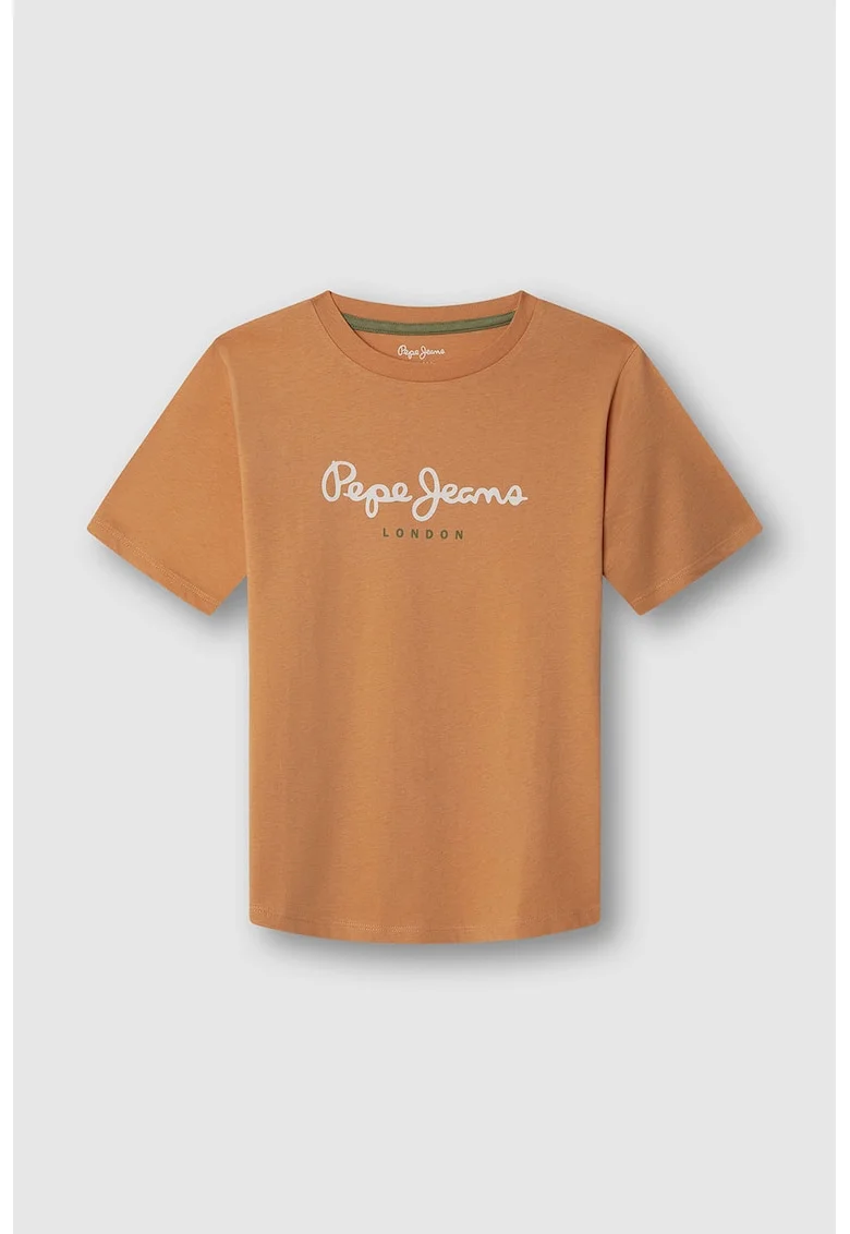 Tricou de bumbac cu imprimeu logo, Portocaliu mandarina/Alb murdar/Verde feriga