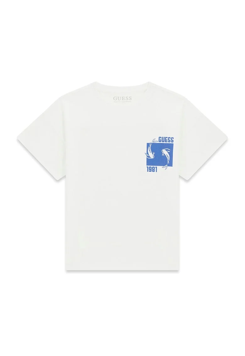 Tricou cu decolteu la baza gatului si imprimeu grafic, Alb/Albastru deschis