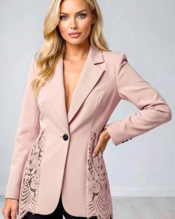 Sacou elegant Roselle, cu panou asimetric din dantela, Roz prafuit, Marime S/M