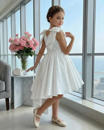 Rochie alba eleganta cu trena din tafta pentru fete - Fiona