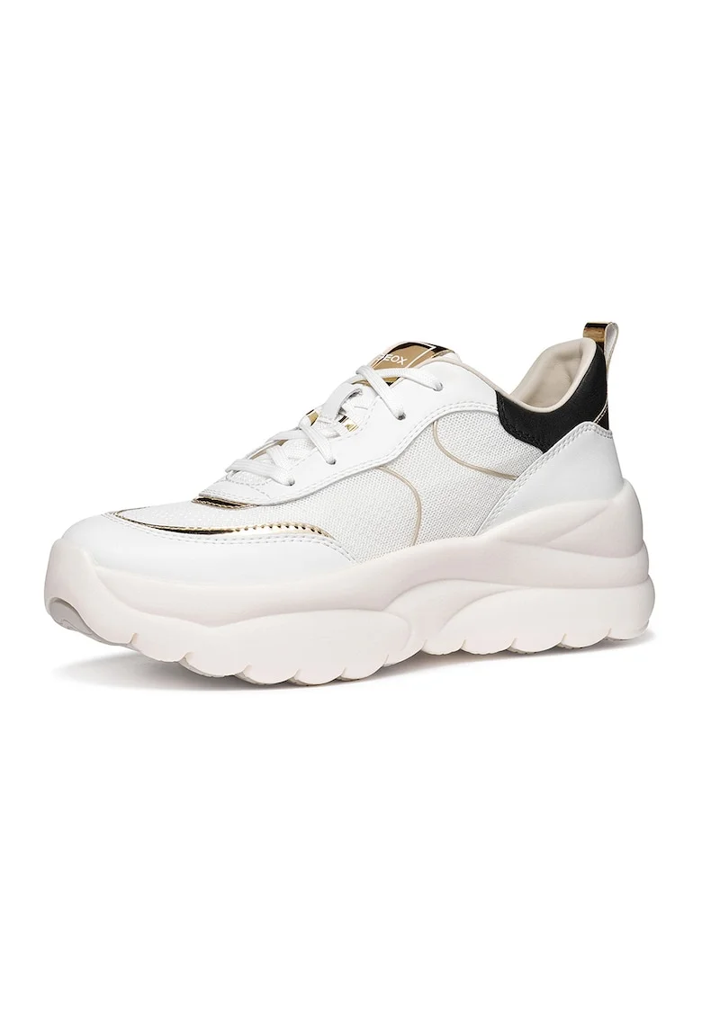 Pantofi sport cu piele si aspect masiv, Alb/Negru/Auriu deschis