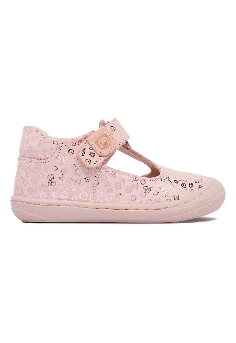 Pantofi copii,  piele naturala, roz, inchidere velcro, model floral