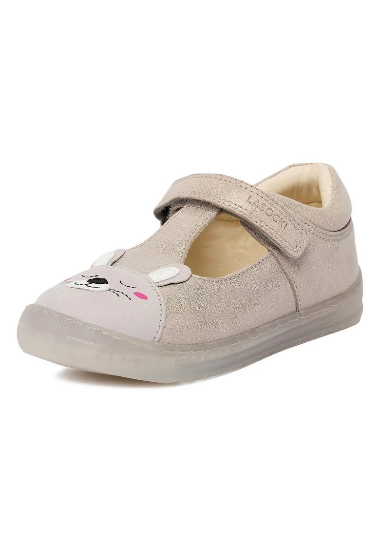 Pantofi copii,  balerini, piele naturala, argintiu, inchidere velcro