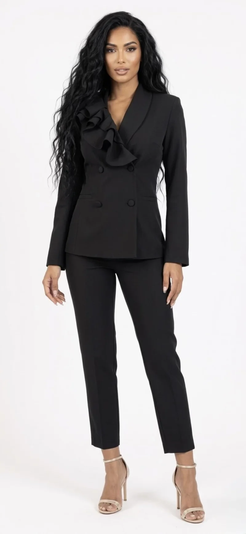 Compleu dama negru format din doua piese sacou prevazut cu design deosebit si pantaloni pana