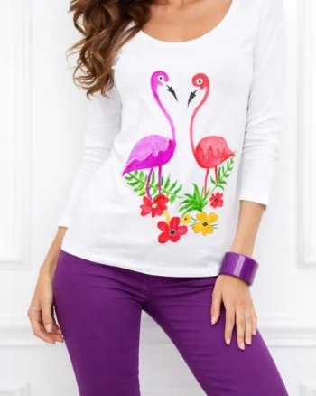 Bluza alba din bumbac  pictata manual ,cu flamingo,unicat