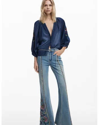 Bluza din chambray cu maneci cu broderie, Bleumarin