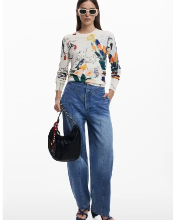 Bluza de trening cu model floral, Alb/Albastru inchis