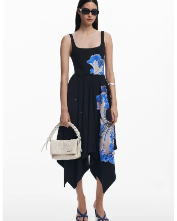 Rochie asimetrica cu decolteu patrat adanc, Negru