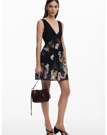 Rochie cu decolteu in V si imprimeu, Negru