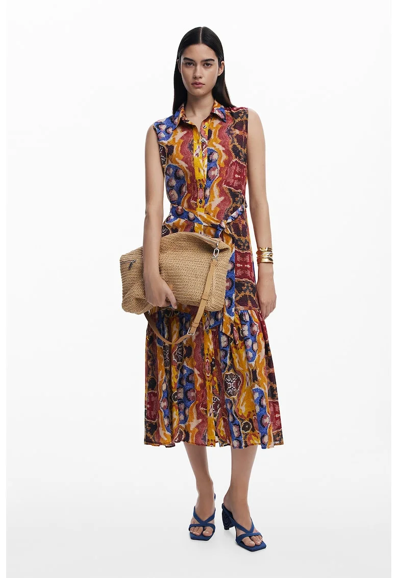 Rochie fara maneci din amestec de lyocell cu model si terminatie plisata, Multicolor