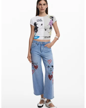 Tricou crop cambrat cu imprimeu cu Mickey&Minnie, Alb/Gri deschis
