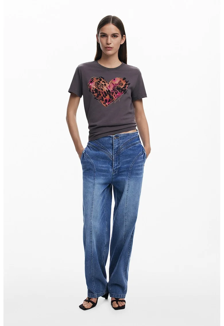 Tricou din bumbac cu imprimeu cu inima, Gri inchis