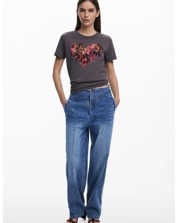 Tricou din bumbac cu imprimeu cu inima, Gri inchis