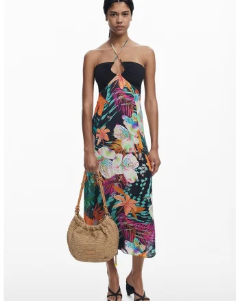 Rochie midi cu model floral si detaliu cu decupaj, Multicolor