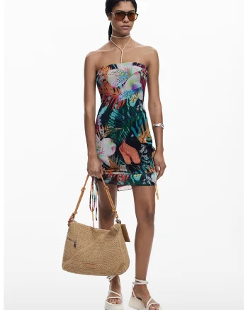 Rochie mini de plaja cu model tropical si terminatie ajustabila, Multicolor