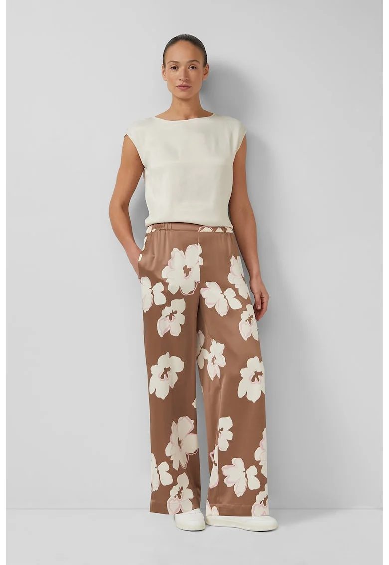 Pantaloni cu croiala ampla si imprimeu floral, Alb, Maro,