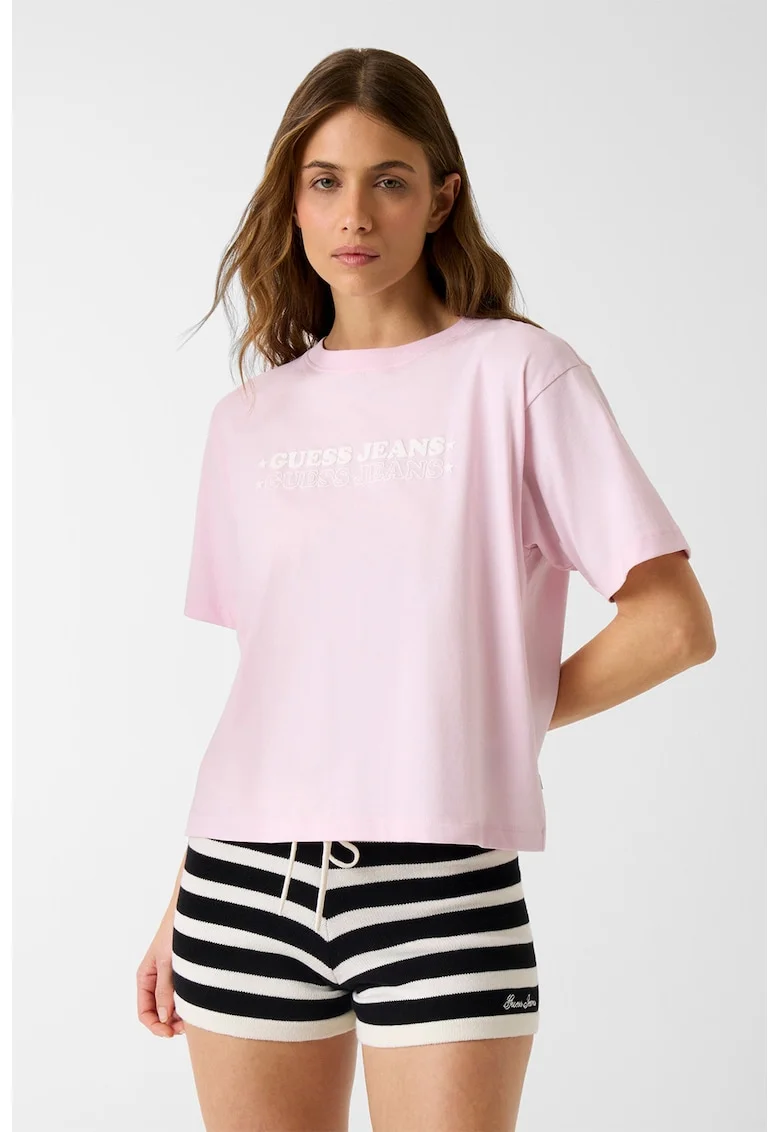 Tricou cu decolteu la baza gatului si logo, Roz deschis/Alb optic