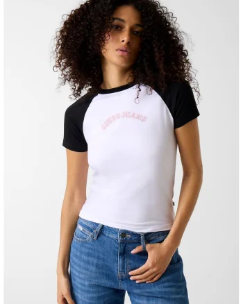 Tricou cu decolteu la baza gatului si maneci raglan, Alb/Negru/Roz pastel