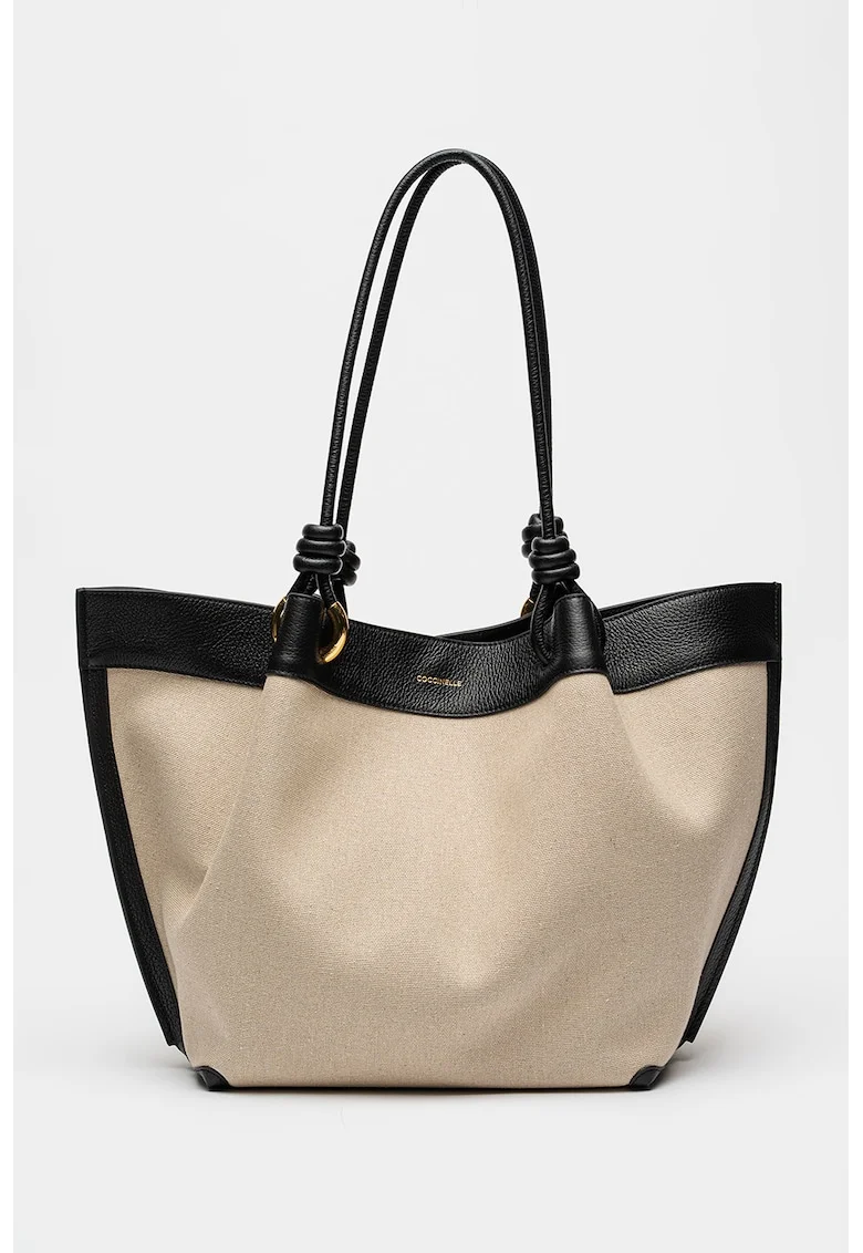 Geanta tote din material textil cu garnituri din piele, Negru/Bej