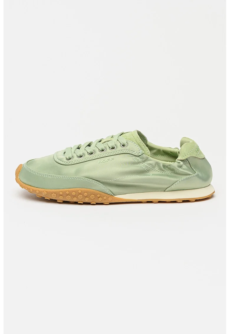 Pantofi sport low-cut cu aspect de satin si garnituri de piele intoarsa, Verde deschis