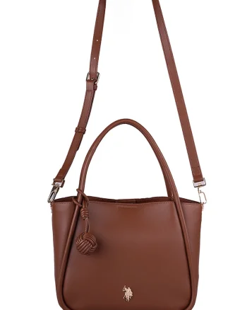 Geanta shopper de piele ecologica cu logo metalic, Maro