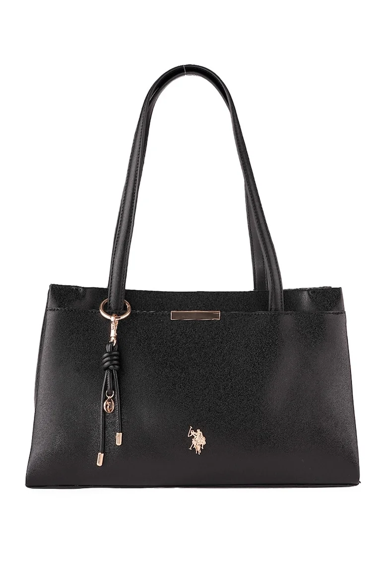 Geanta de piele ecologica cu accesoriu logo, Negru