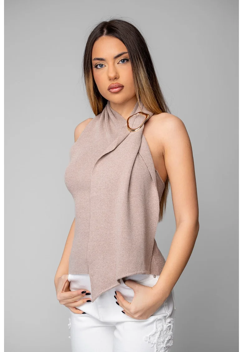 Buza tricotat cu inel decorativ 20379, Bej inchis