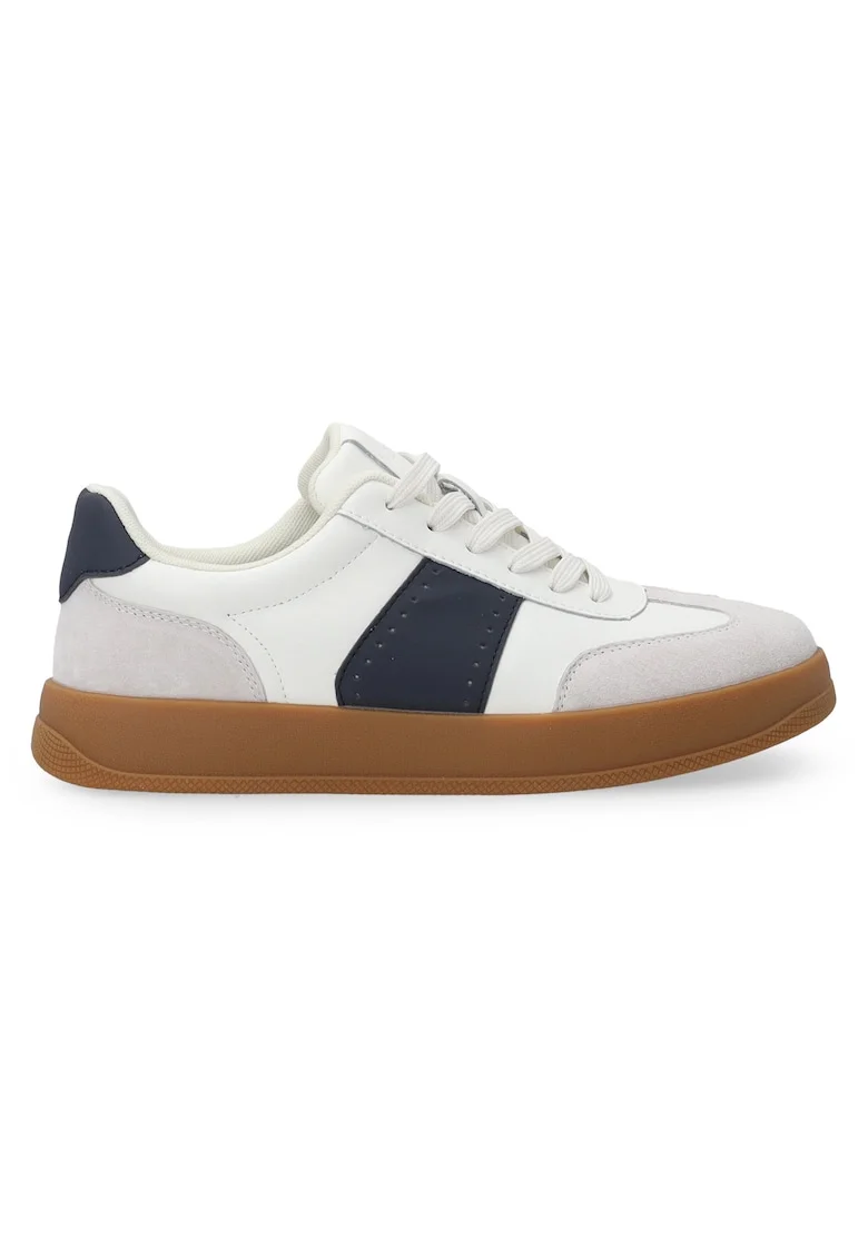 Pantofi sport din piele cu detalii din piele intoarsa, Alb/Gri