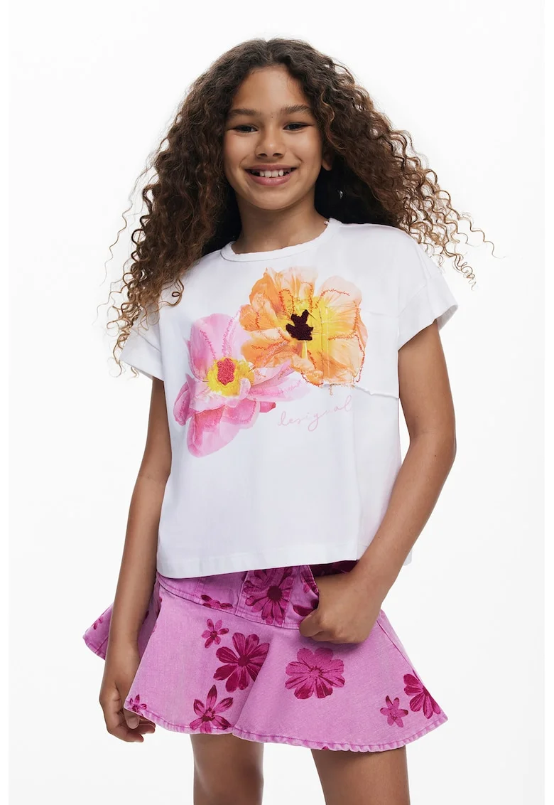 Tricou din bumbac cu imprimeu floral, Alb/Portocaliu/Roz