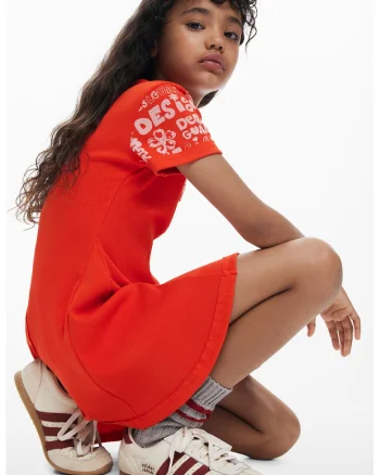 Rochie din amestec de bumbac cu imprimeu logo, Rosu
