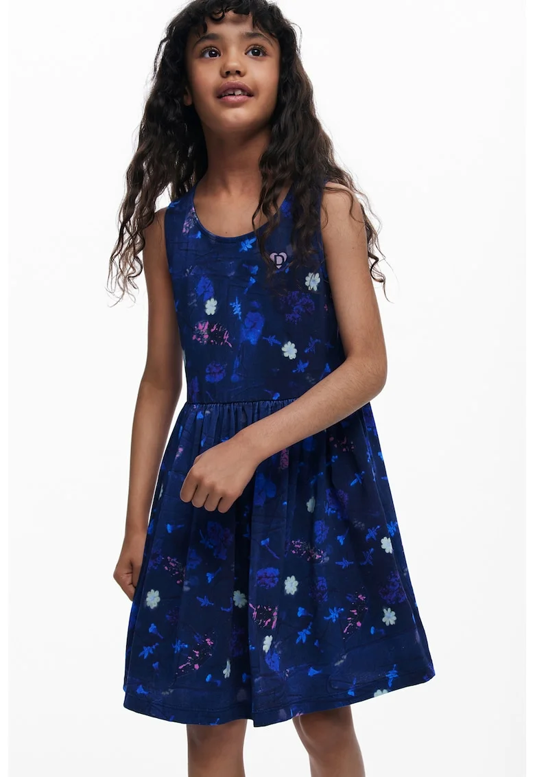 Rochie cu decolteu rotund si imprimeu floral, fara maneci, Bleumarin