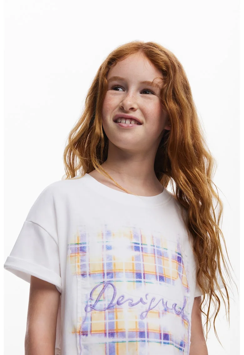 Tricou cu slituri laterale si imprimeu, Alb/Portocaliu/Albastru