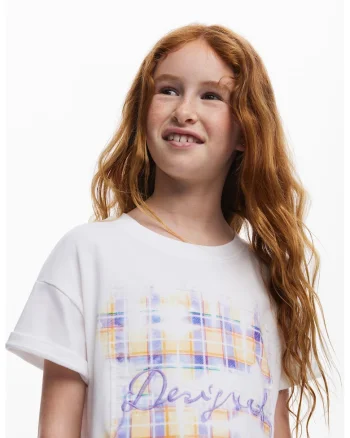 Tricou cu slituri laterale si imprimeu, Alb/Portocaliu/Albastru