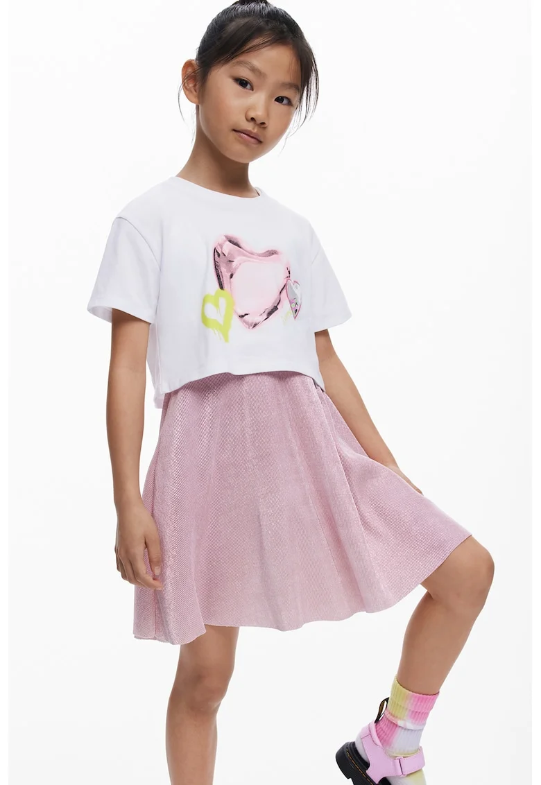 Rochie din bumbac cu model 2-in-1 si tricou detasabil, Alb/Albastru prafuit