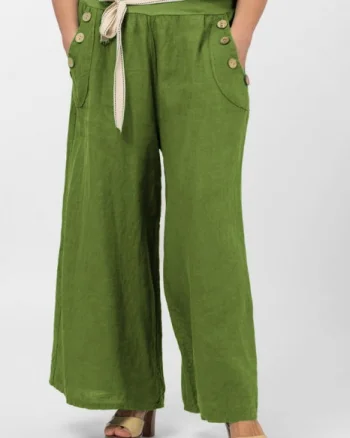 Pantaloni largi de vara, din in, cu nasturi din lemn la buzunare, verde oliv