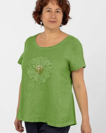 Bluza din in verde oliv, cu floare si paiete fine pe piept