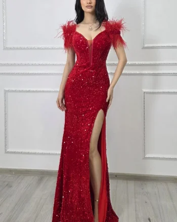 Rochie de ocazie Lady Marry, croi tip sirena, cu paiete si pene, Rosu
