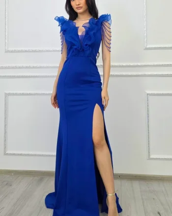Rochie lunga cu trena Zenaria, cristale si crapatura pe picior, Albastru Royal