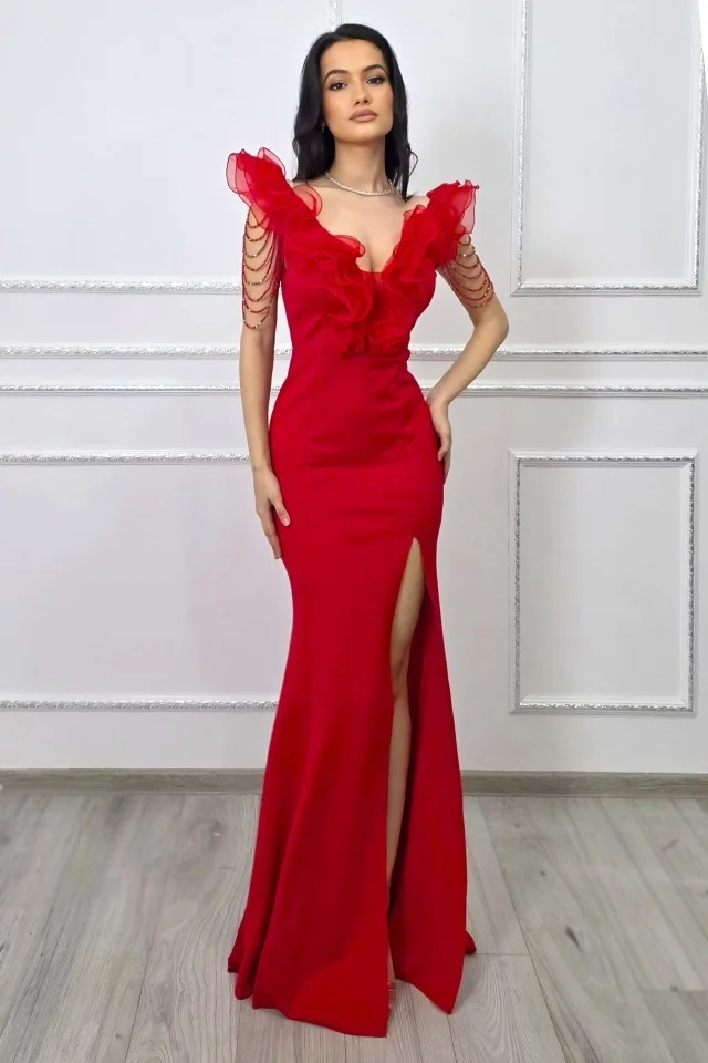 Rochie de gala Zenaria, cu siraguri din cristale si volane, Rosu